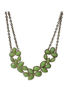 Vintage Bib Necklace Green Floral Beads Gold Tone Chain Statement Fashion Women